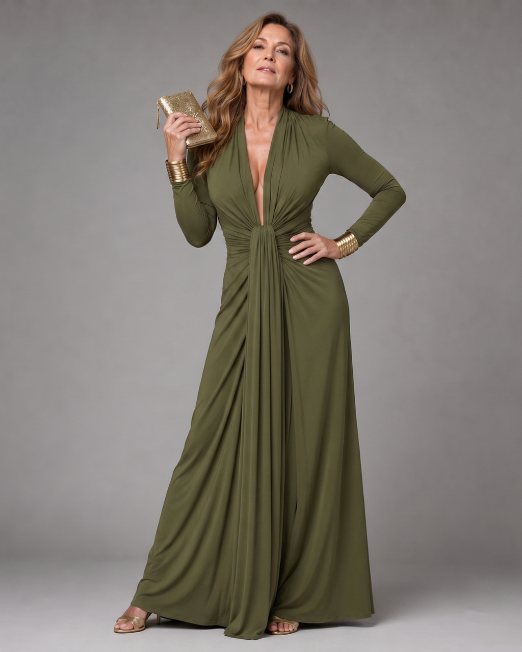 Vimmer | Vestido longo esvoaçante, com decote V profundo drapeado e mangas longas