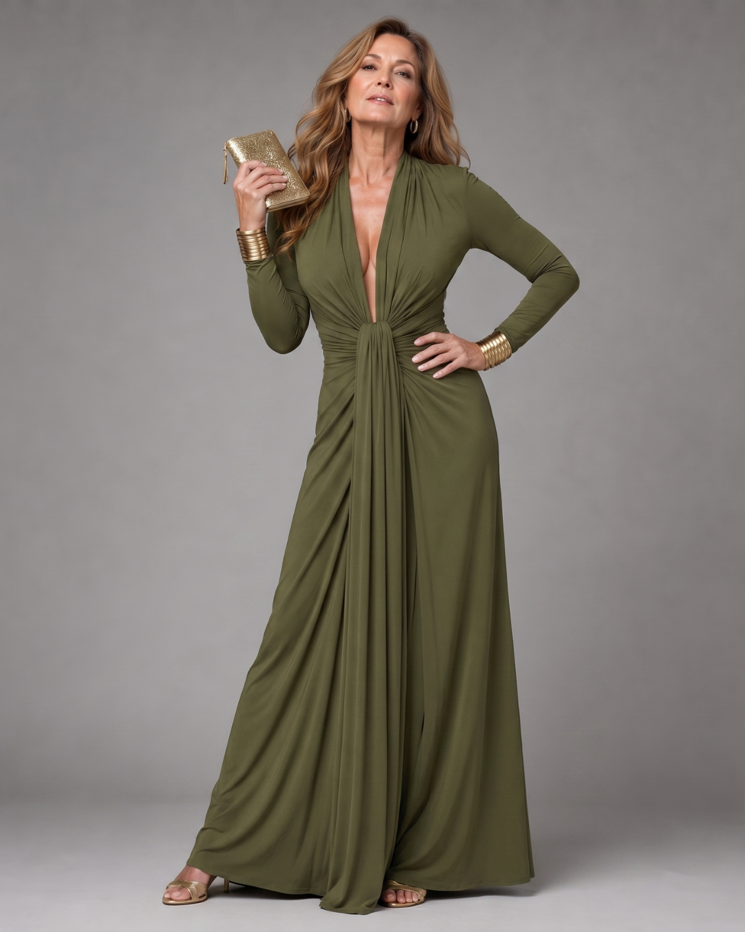 Vimmer | Vestido longo esvoaçante, com decote V profundo drapeado e mangas longas