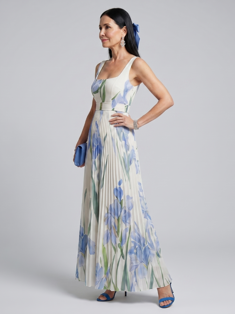 Ophelia | Vestido midi sem mangas com decote quadrado e estampa floral