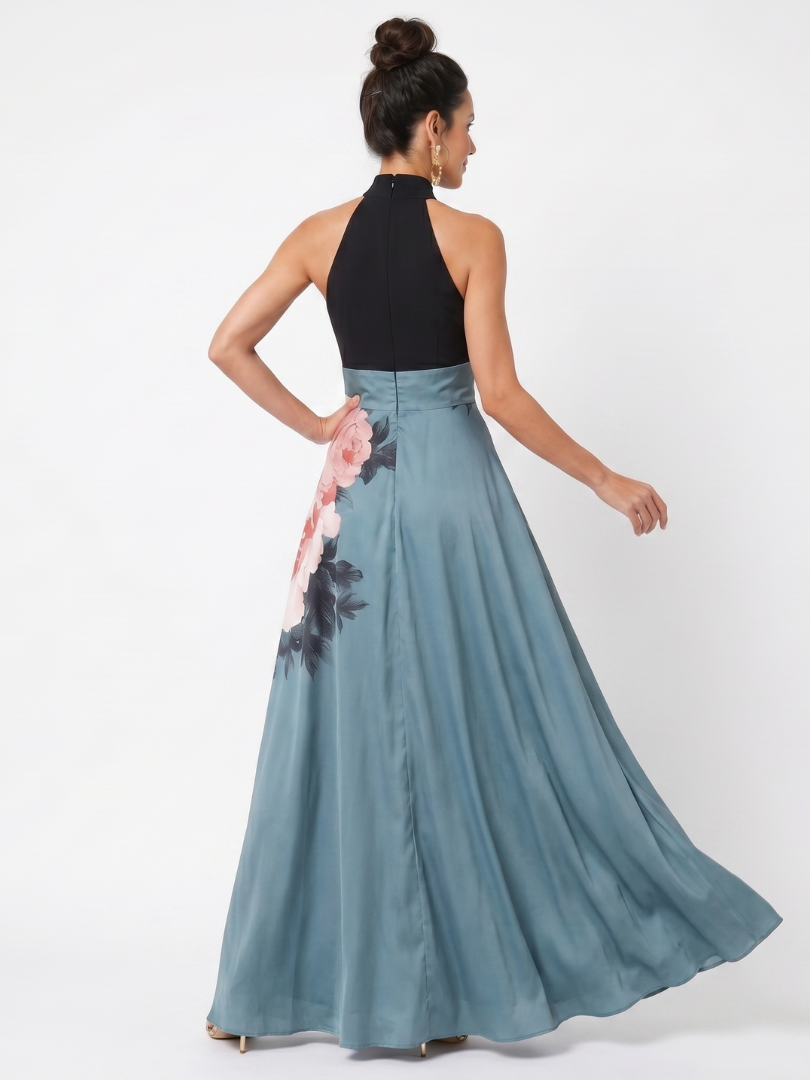 Olympas | Vestido longo com saia floral e corpete frente única