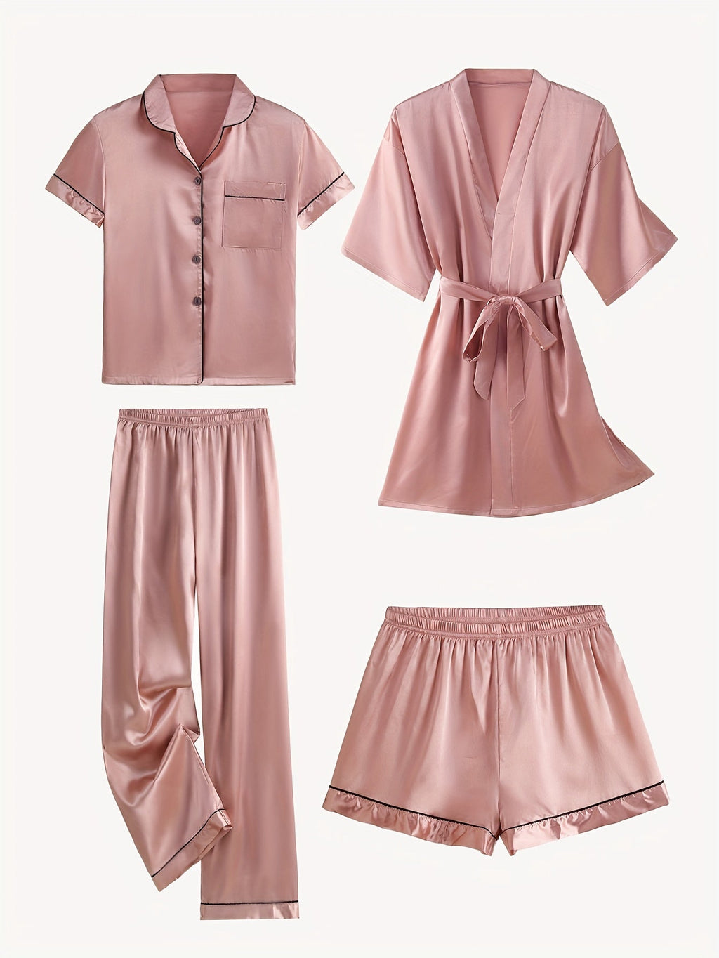 Juliette | 4-delige satijnen pyjamaset met effen print, halflange mouwen en badjas
