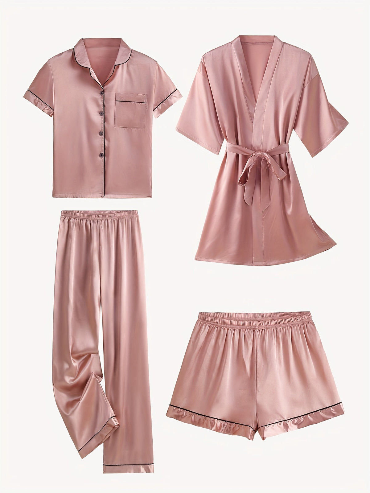 Juliette | 4-Piece Solid Satin Pajama Mid-Sleeve Robe Set