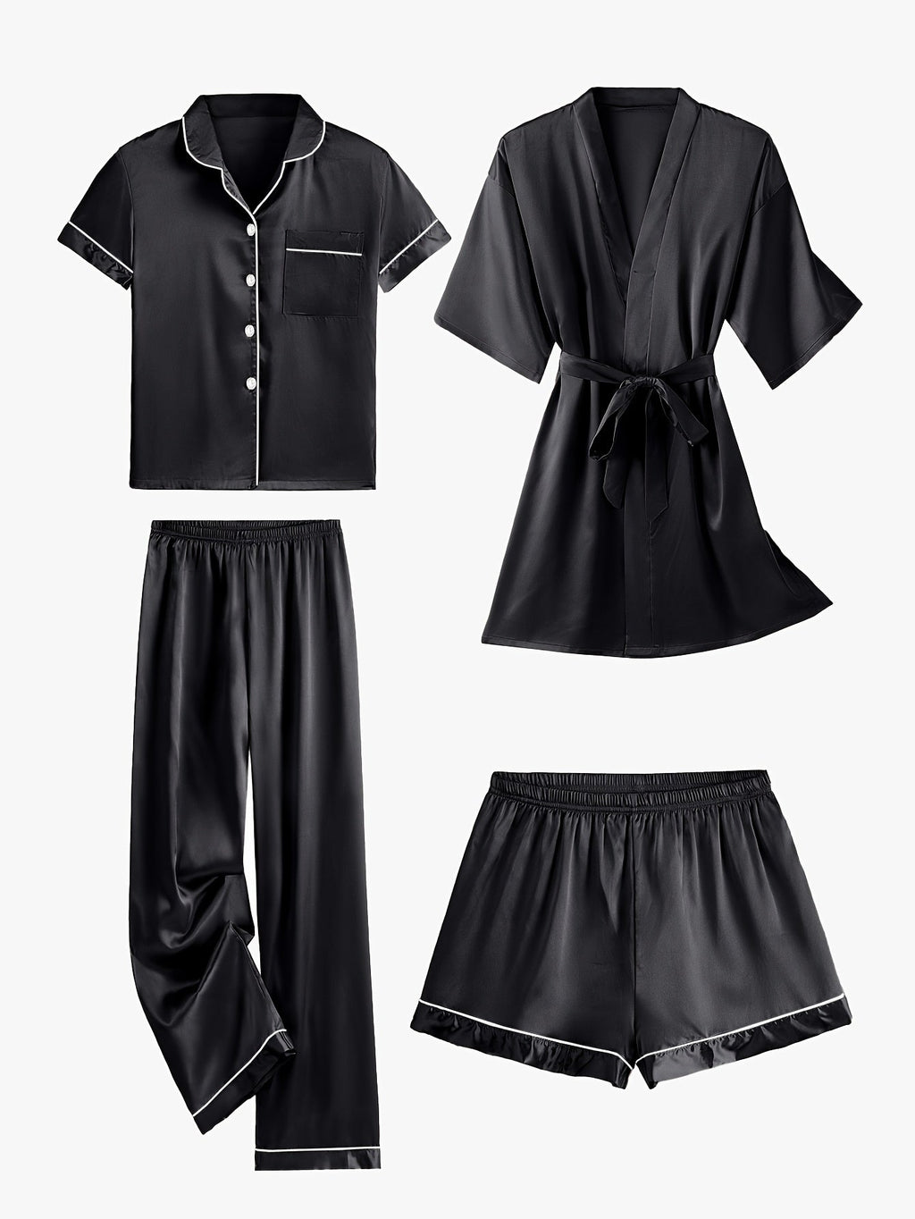 Juliette | 4-delige satijnen pyjamaset met effen print, halflange mouwen en badjas