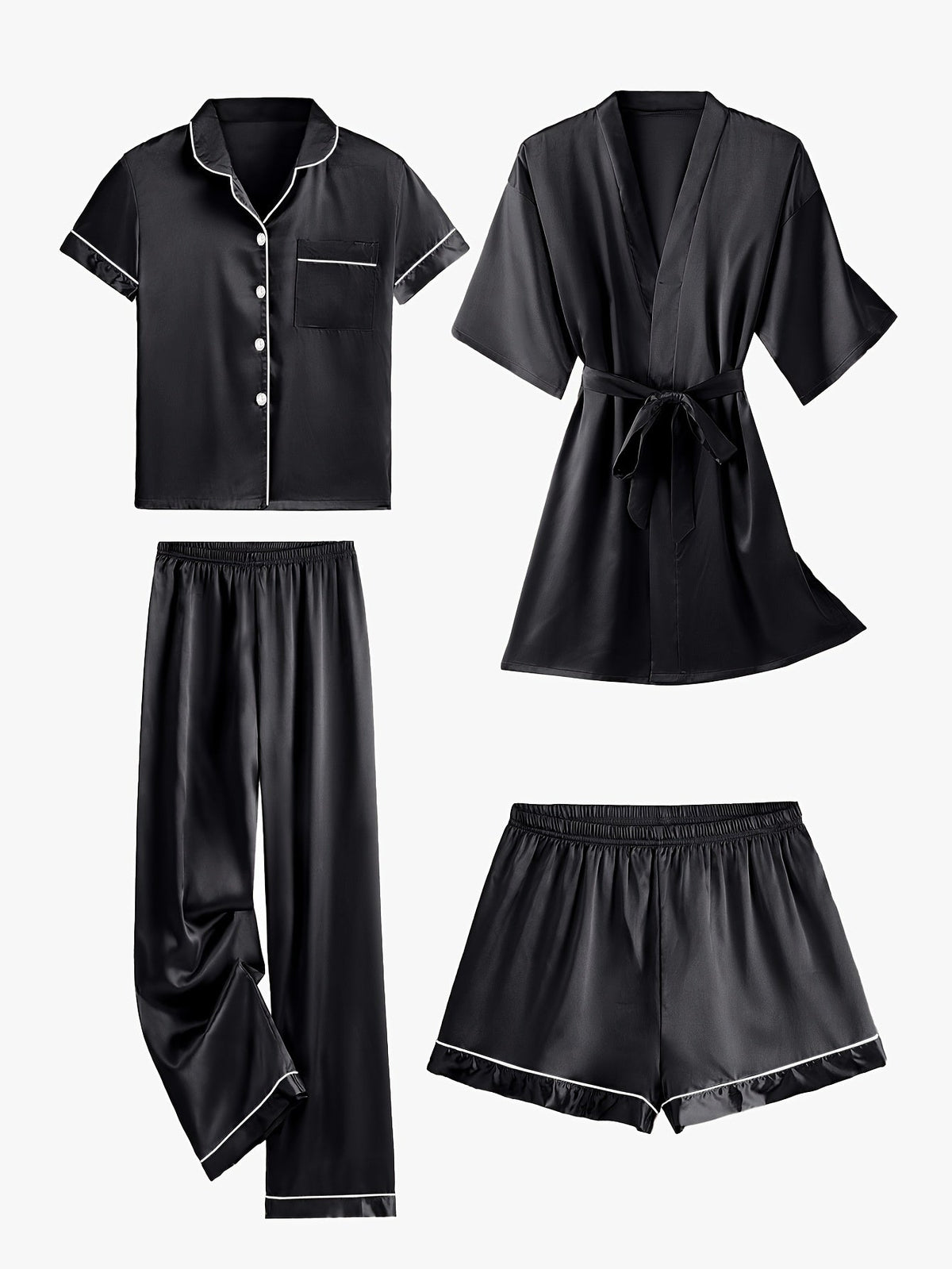 Juliette | 4-Piece Solid Satin Pajama Mid-Sleeve Robe Set