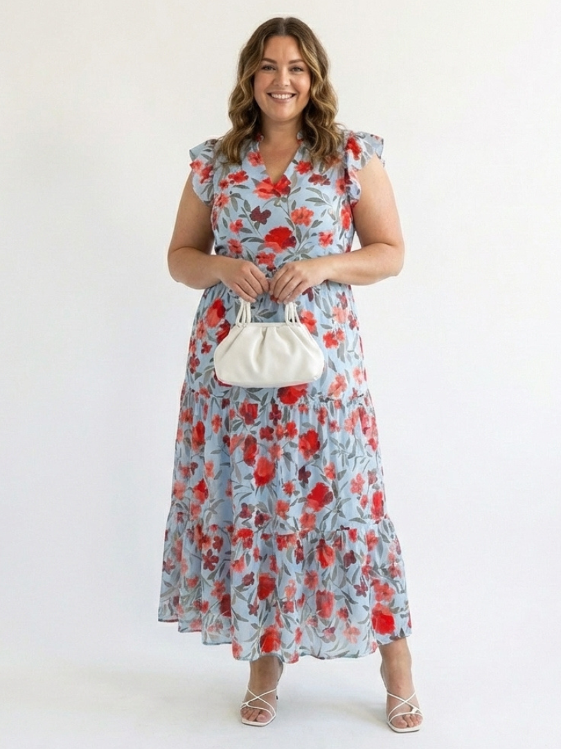 Lila | Abito midi a balze floreale con scollo a V