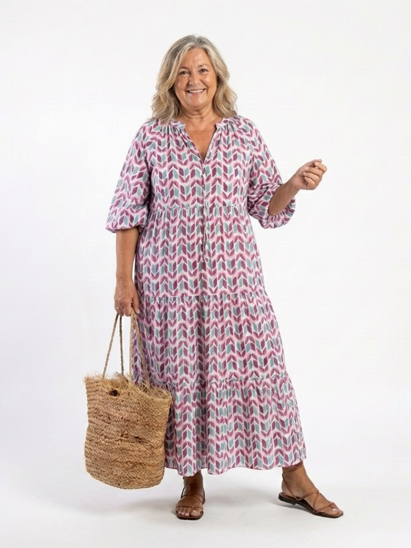 Mireya | Vestido Midi em Camadas com Estampa Geométrica e Manga Longa