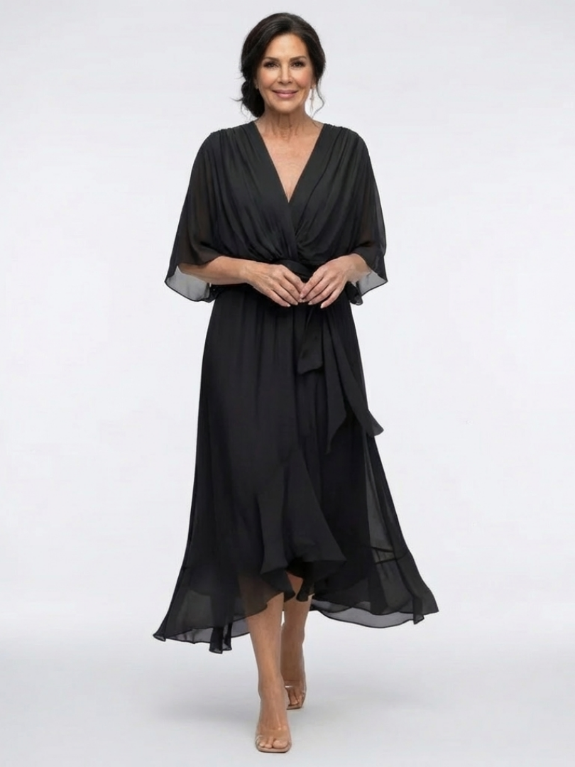 Elysia | Vestido Midi com Decote em V, Cintura Drapeada e Amarração