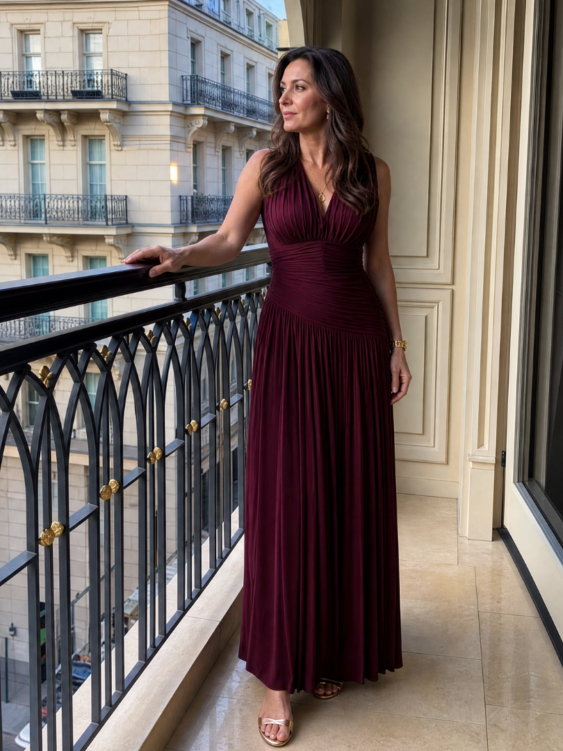 Lemar | Vestido midi sem mangas com decote V plissado