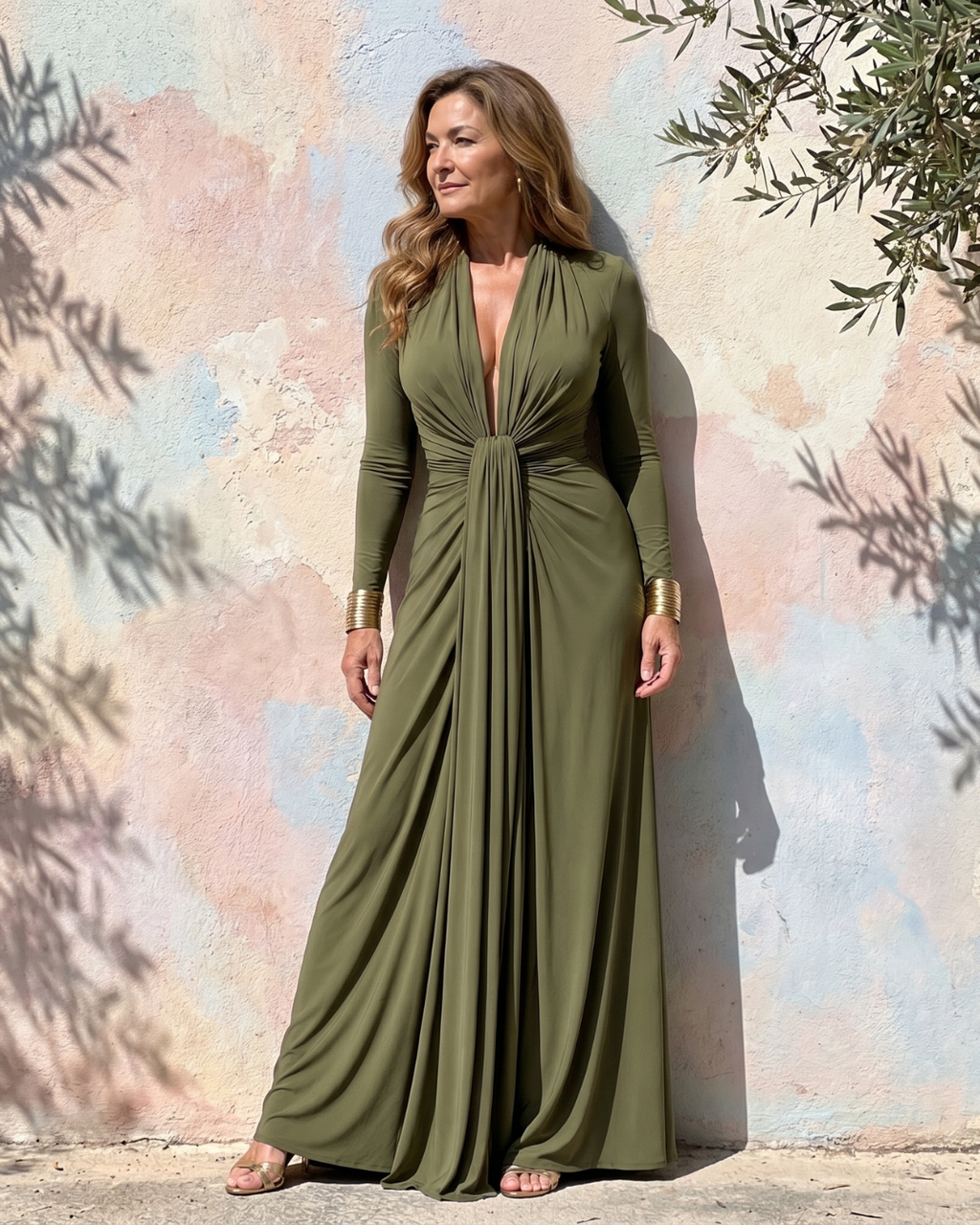 Vimmer | Vestido longo esvoaçante, com decote V profundo drapeado e mangas longas