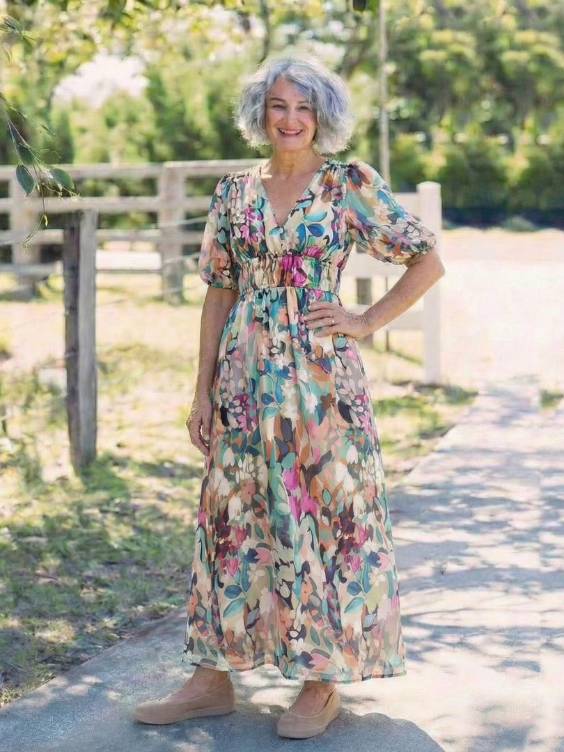 Eulalie | Vestido midi de manga corta, escote en V y cintura fruncida