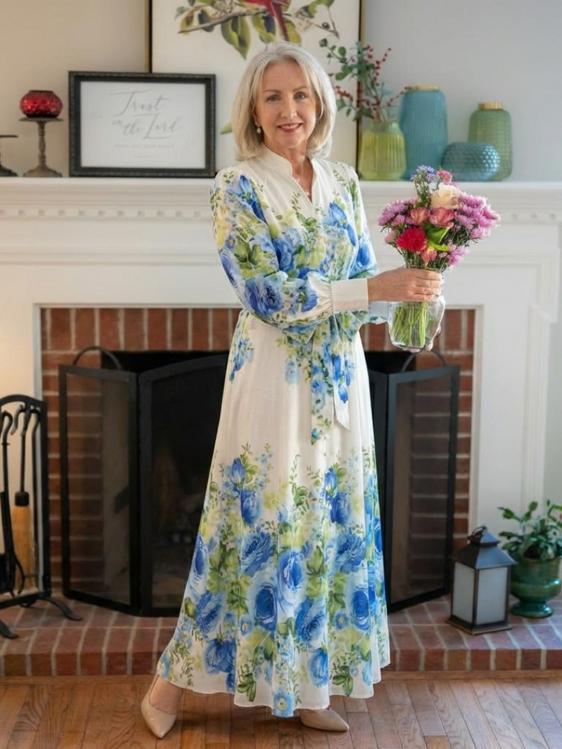 Harper | Vestido longo floral de mangas longas com botões frontais