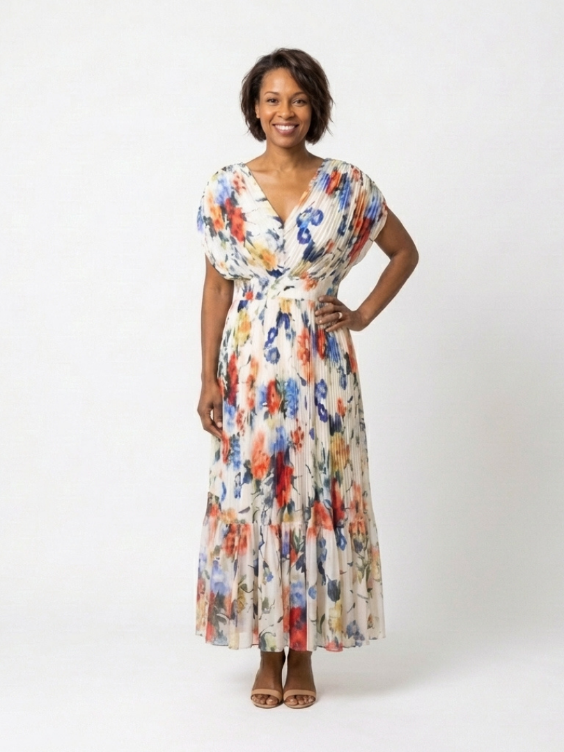 Savannah | Geplooide midi-jurk met korte mouwen en bloemenprint