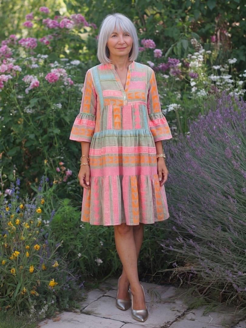 Maelle | Knielange jurk met geometrische print, V-hals en lagen