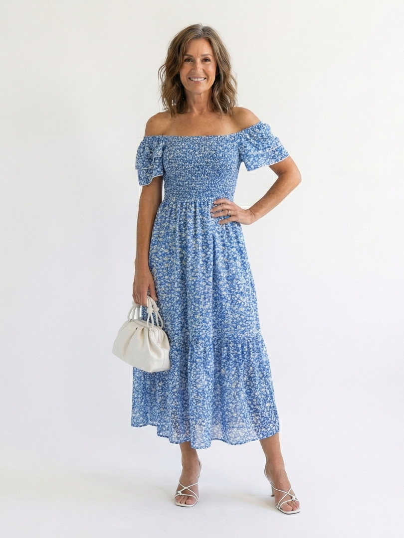 Odette | Vestido midi floral fruncido de hombros descubiertos