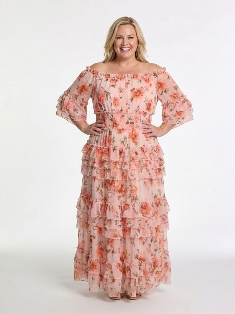 Rosalie | Vestido largo floral con volantes y capas de hombros descubiertos