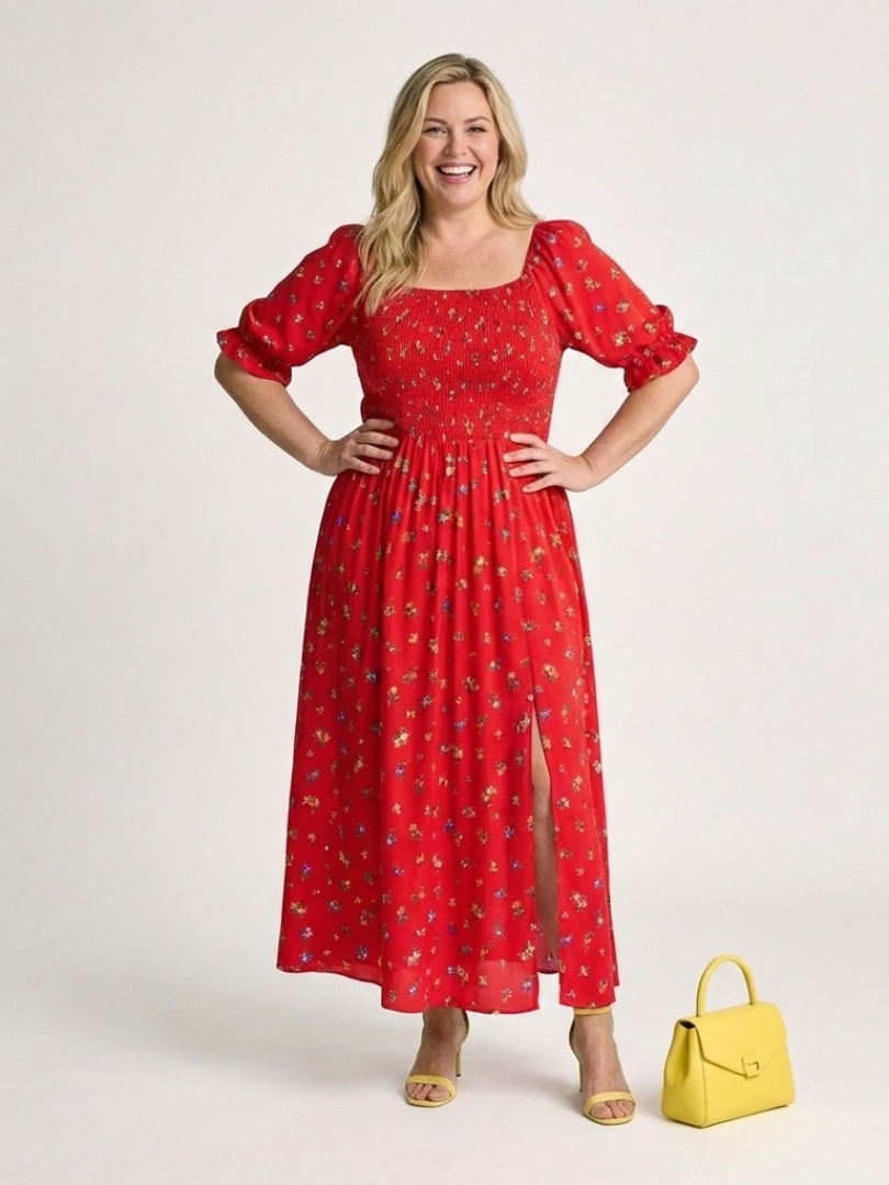 Delphine | Vestido midi floral com decote quadrado e mangas bufantes