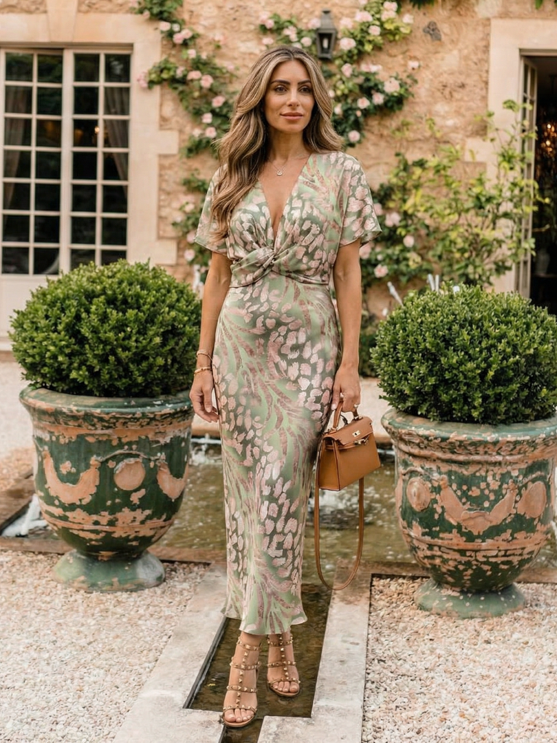 Coralie | Abito midi con stampa astratta, scollo a V e vita incrociata