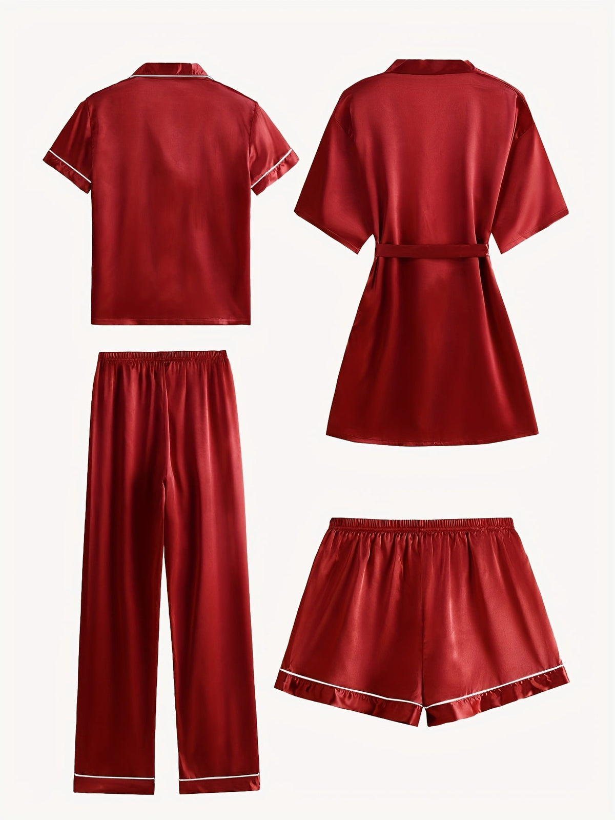 Juliette | 4-delige satijnen pyjamaset met effen print, halflange mouwen en badjas