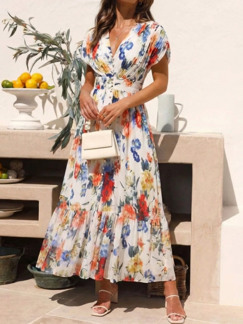 Savannah | Geplooide midi-jurk met korte mouwen en bloemenprint