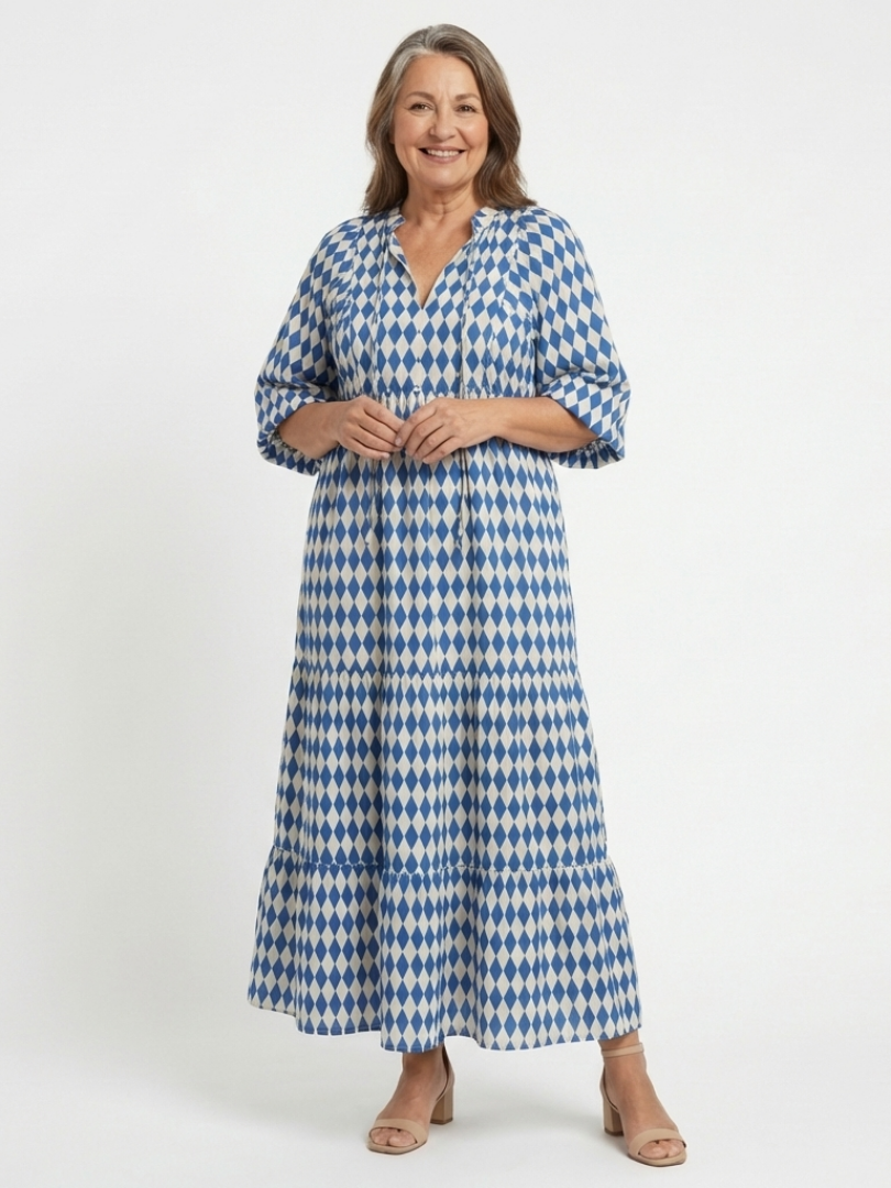 Elodie | Vestido midi con estampado de diamantes y capas