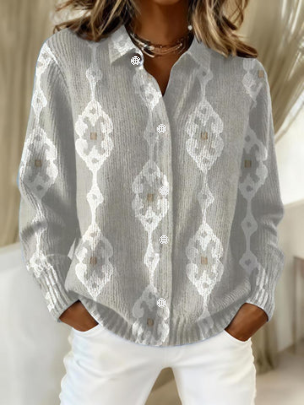 Renee – Blusa tipo sudadera de punto elegante con estampado de rombos