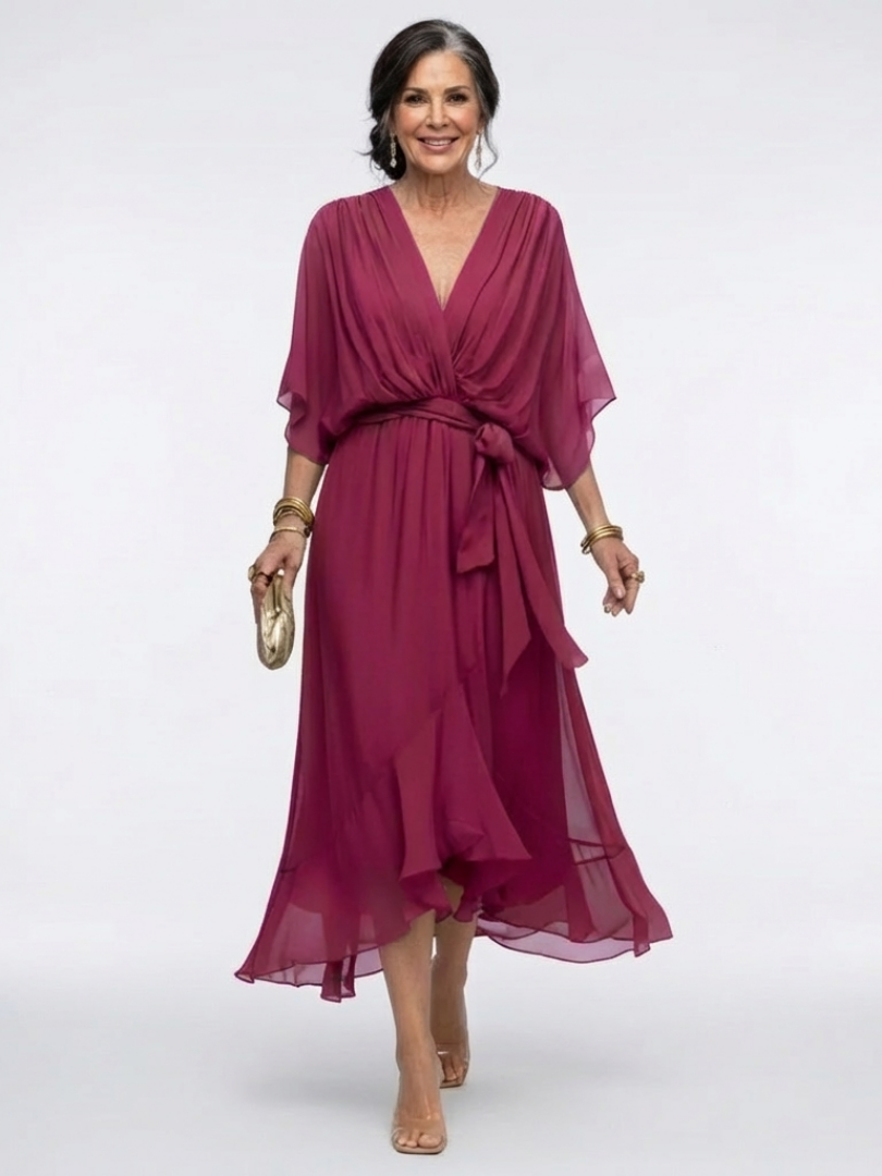 Elysia | Vestido midi con escote en V, cintura drapeada y lazo
