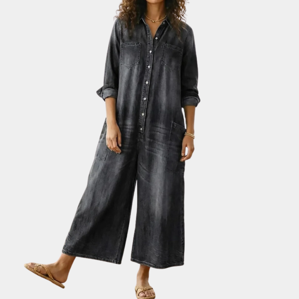 Diana | Tuta vintage effetto denim in morbido cotone slavato con chiusura a bottoni