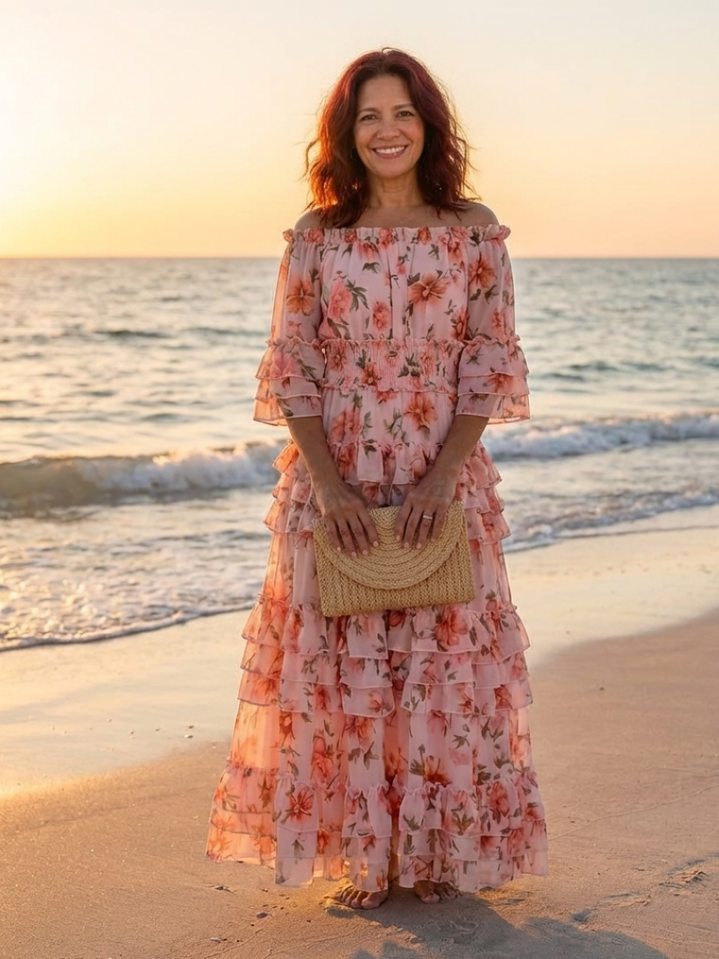 Rosalie | Vestido largo floral con volantes y capas de hombros descubiertos