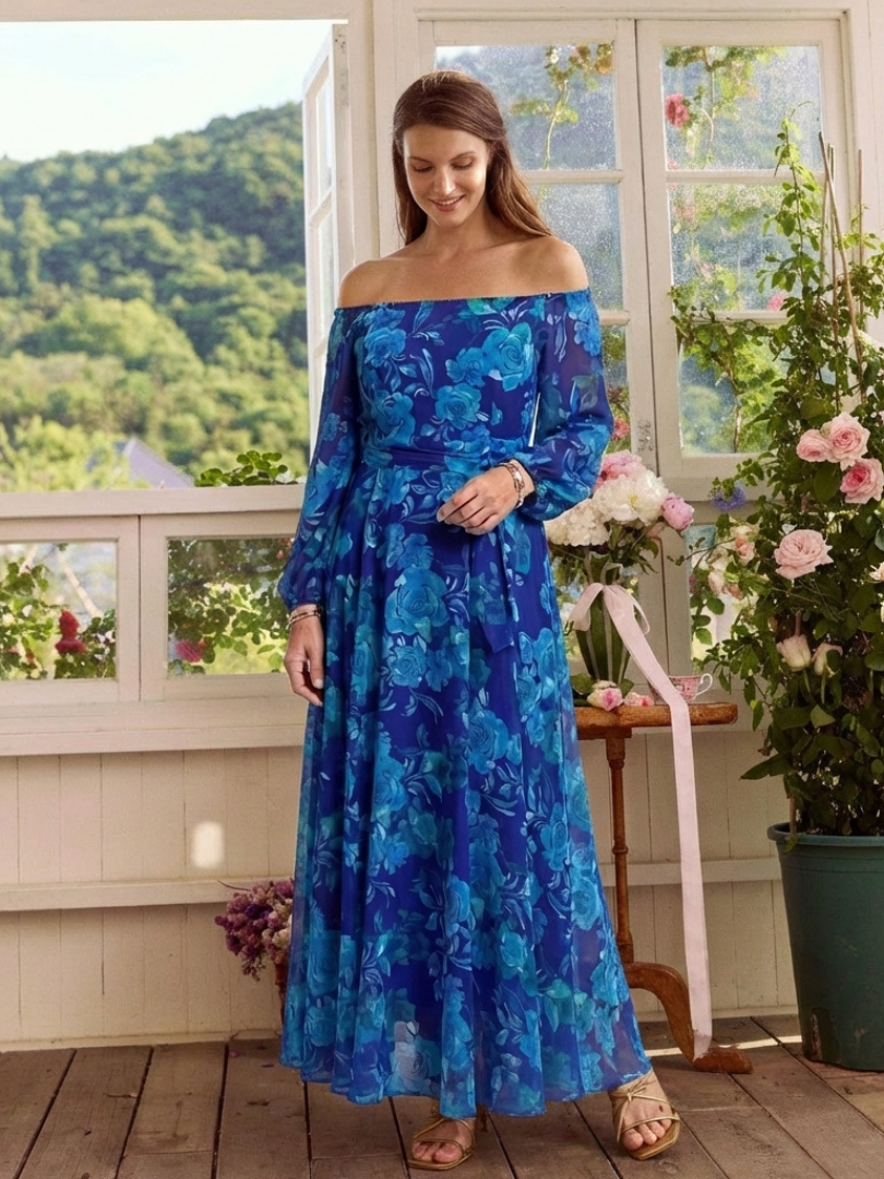 Aspen | Maxi-jurk met bloemenprint en blote schouders