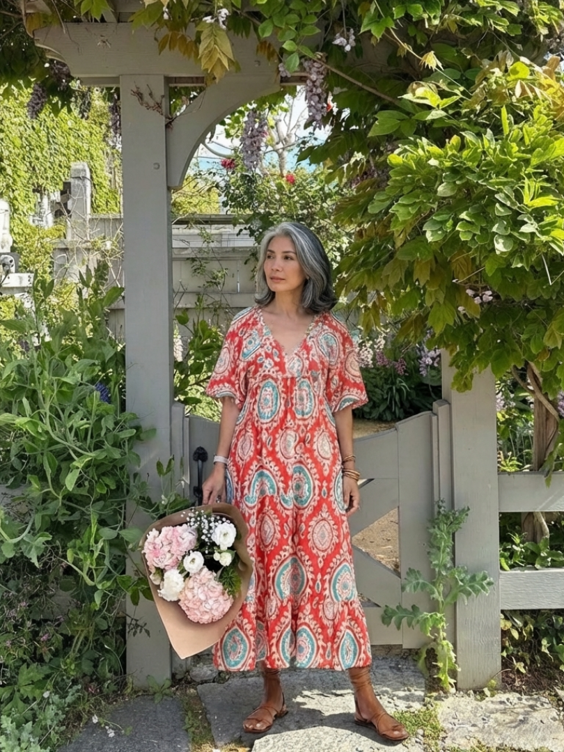 Zaria | Vestido midi de manga corta con estampado paisley y escote en V
