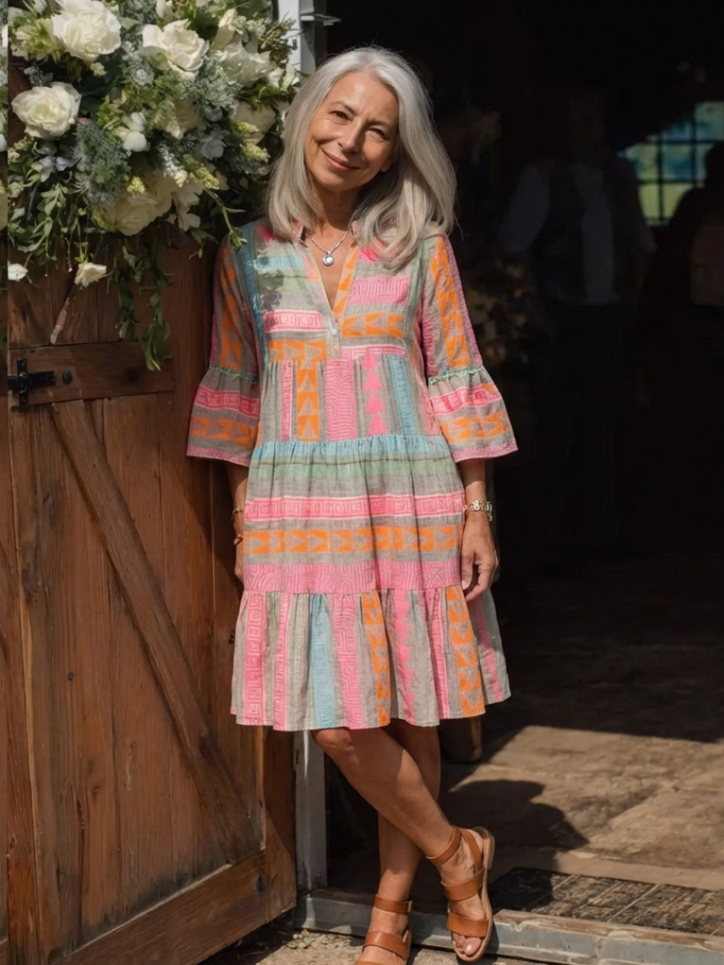 Maelle | Knielange jurk met geometrische print, V-hals en lagen