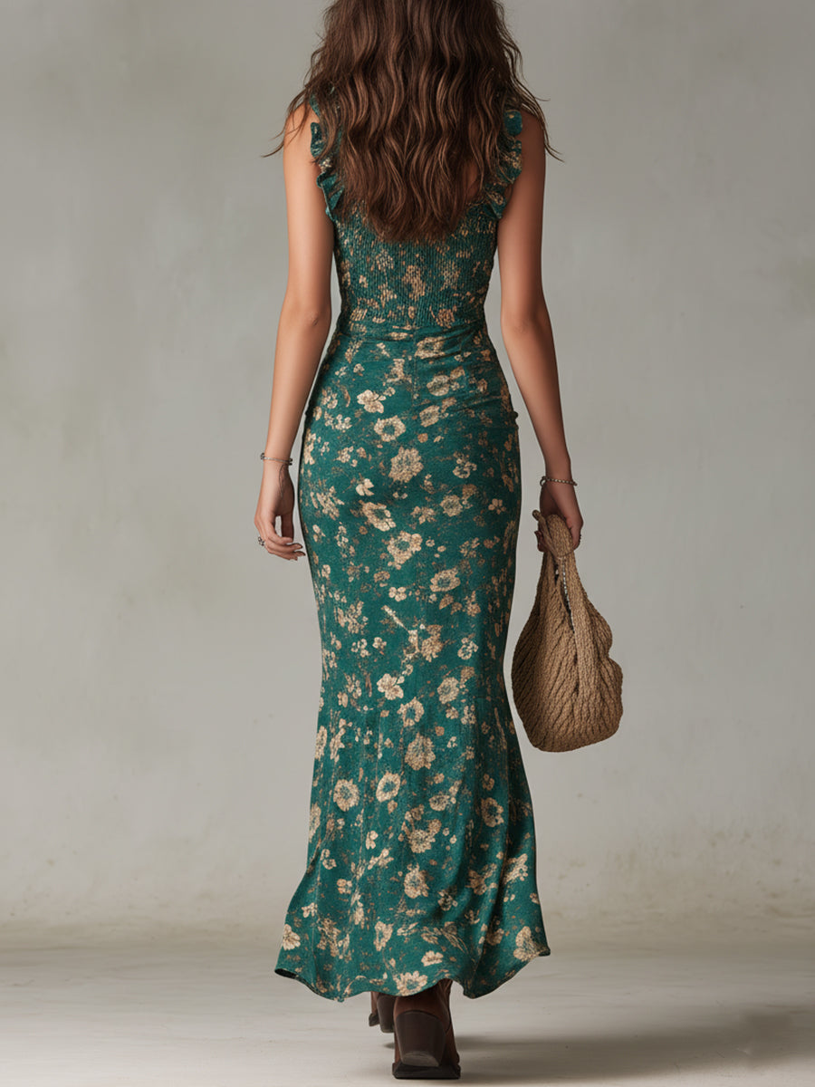 Sara | Vestido longo de estilo boho retrô com mangas bufantes e fenda alta