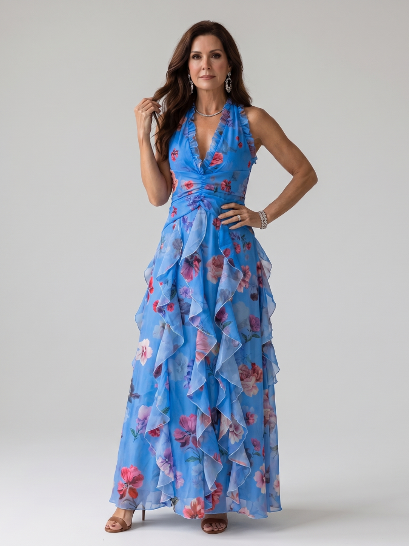 Nori | Haltermaxi-jurk met geplooid lijfje en bloemenprint
