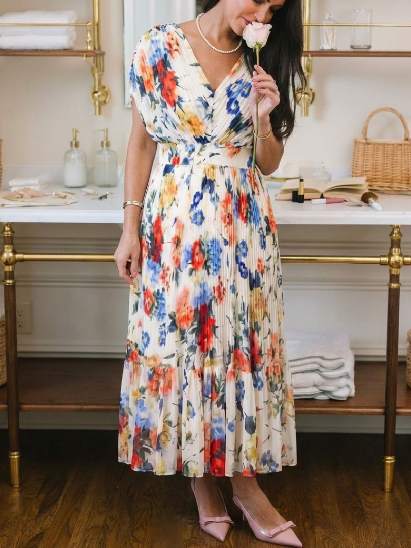 Savannah | Geplooide midi-jurk met korte mouwen en bloemenprint