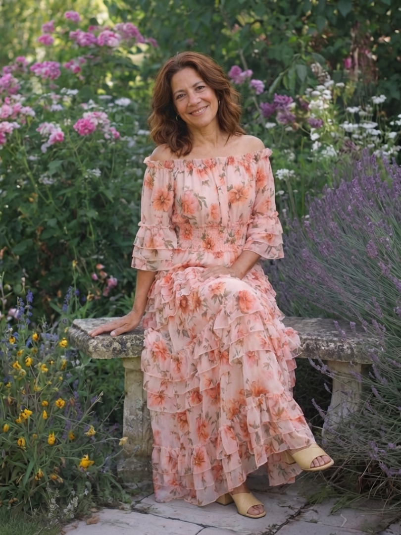 Rosalie | Vestido largo floral con volantes y capas de hombros descubiertos