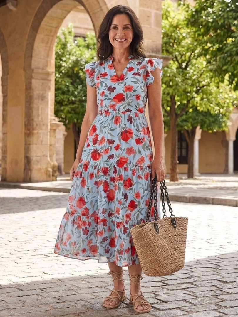 Lila | Abito midi a balze floreale con scollo a V
