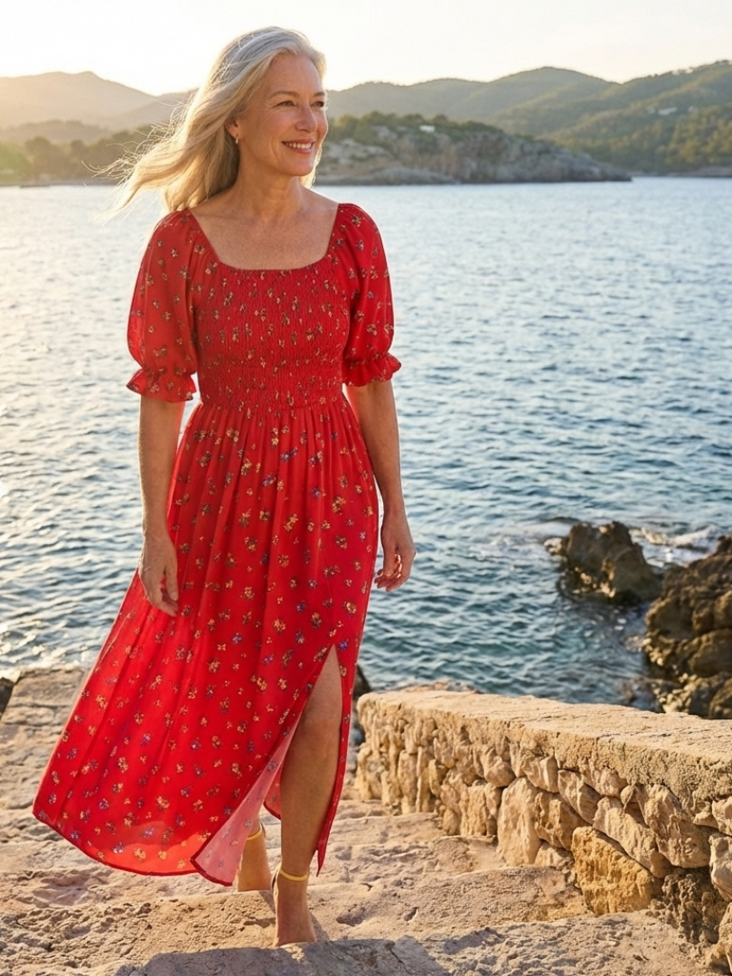 Delphine | Vestido midi floral com decote quadrado e mangas bufantes