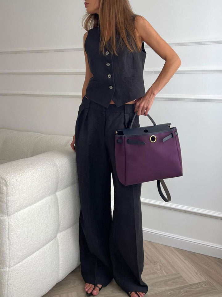 Conjunto de Pantalones Amplios Plisados con Escote en V Lila