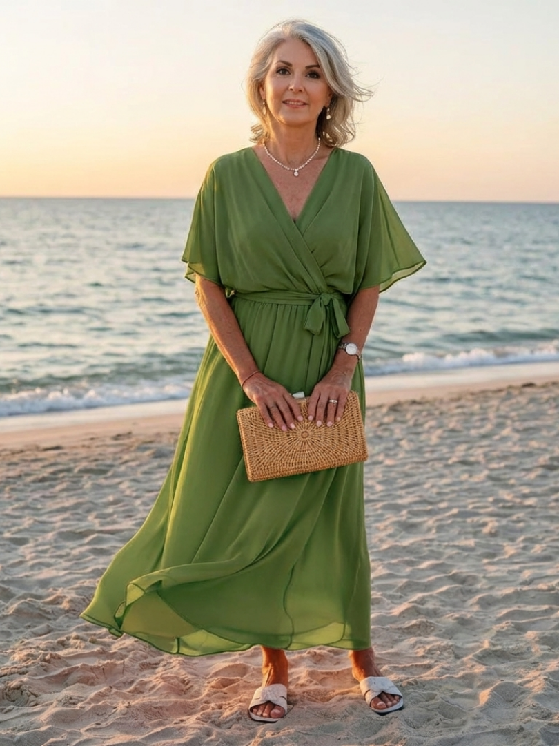 Elysia | Vestido Midi com Decote em V, Cintura Drapeada e Amarração