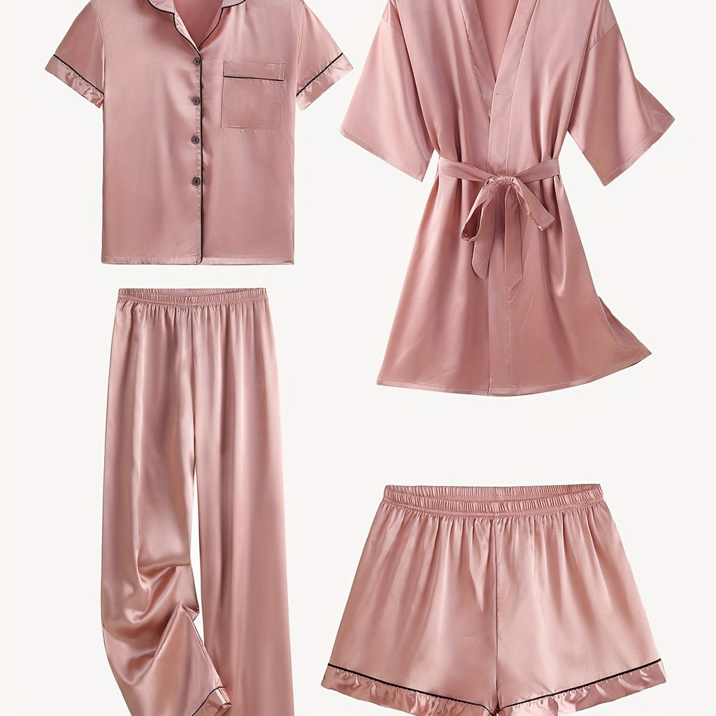 Juliette | 4-delige satijnen pyjamaset met effen print, halflange mouwen en badjas