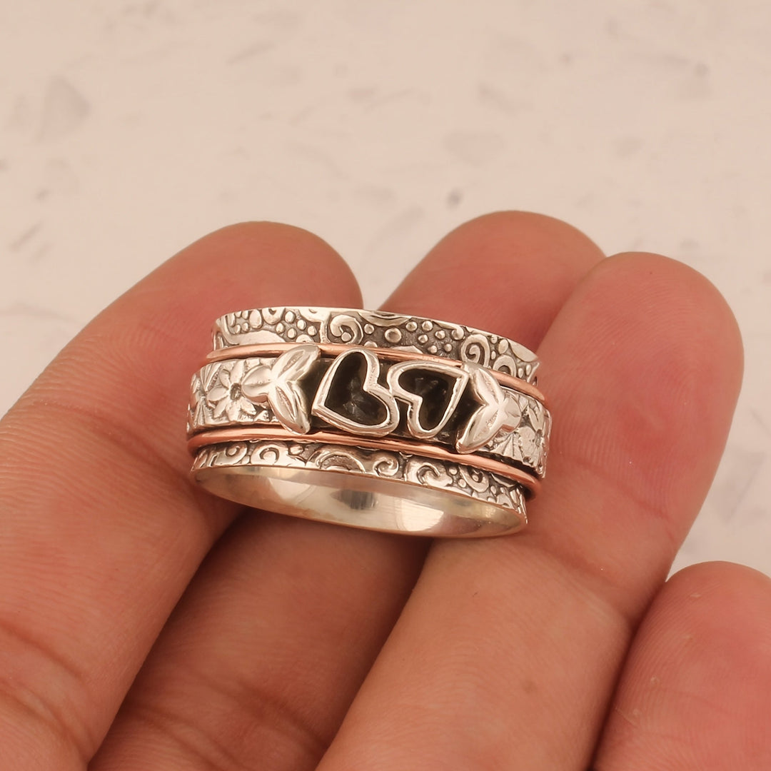 Vintage Style Butterfly Heart Silver Plated Spinner Ring