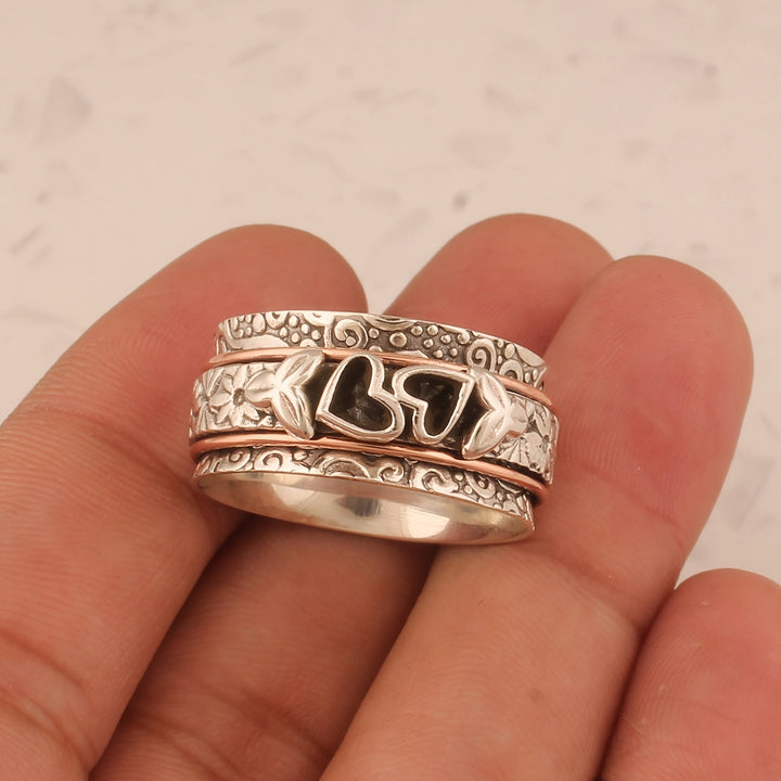 Vintage Style Butterfly Heart Silver Plated Spinner Ring