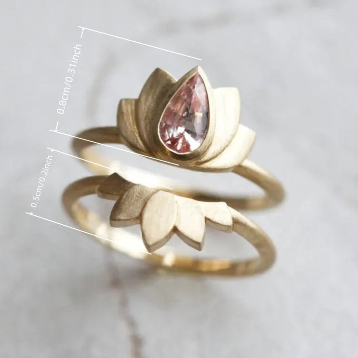 Elegant Vintage Pink Zirconia Inlay Lotus Flower Ring Set
