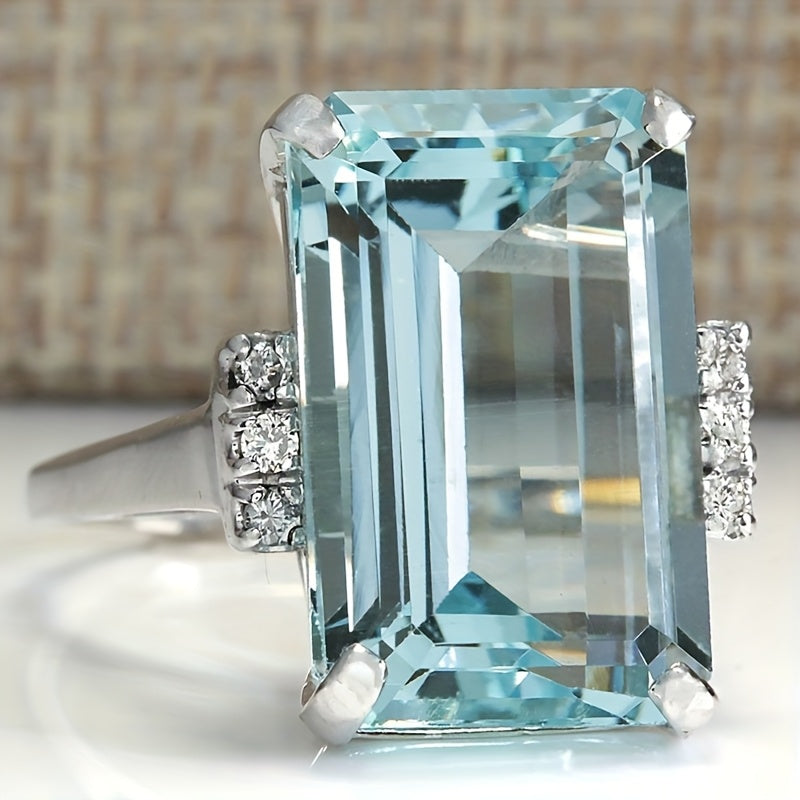 Elegant Classic 4 Prong Square Sea Blue Gemstone Ring