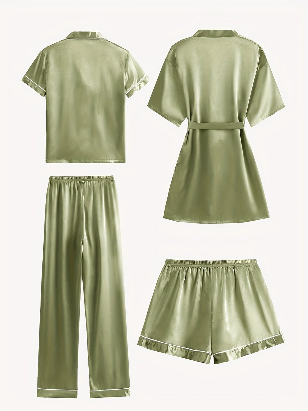 Juliette | 4-delige satijnen pyjamaset met effen print, halflange mouwen en badjas