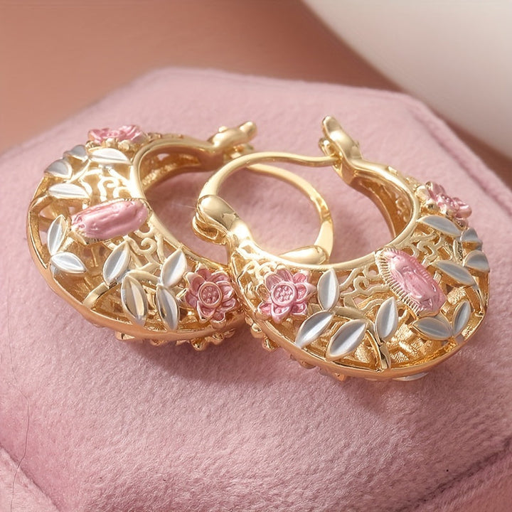Vintage Boho Pink Floral Gold Plated Hoop Earrings