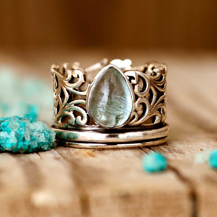 Elegant Teardrop Aquamarine Fidget Silver Ring