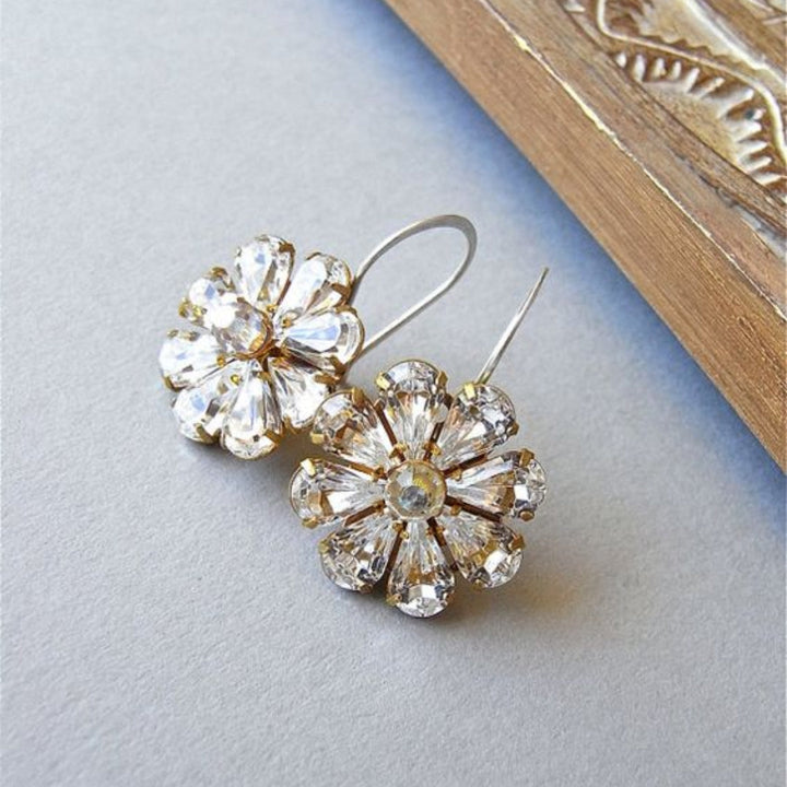 Vintage Petal Design Bright Crystal Flower Earrings