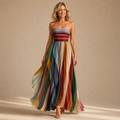 Judith | Women's Strapless Colorful Pleated Summer Maxi Dress Strapless