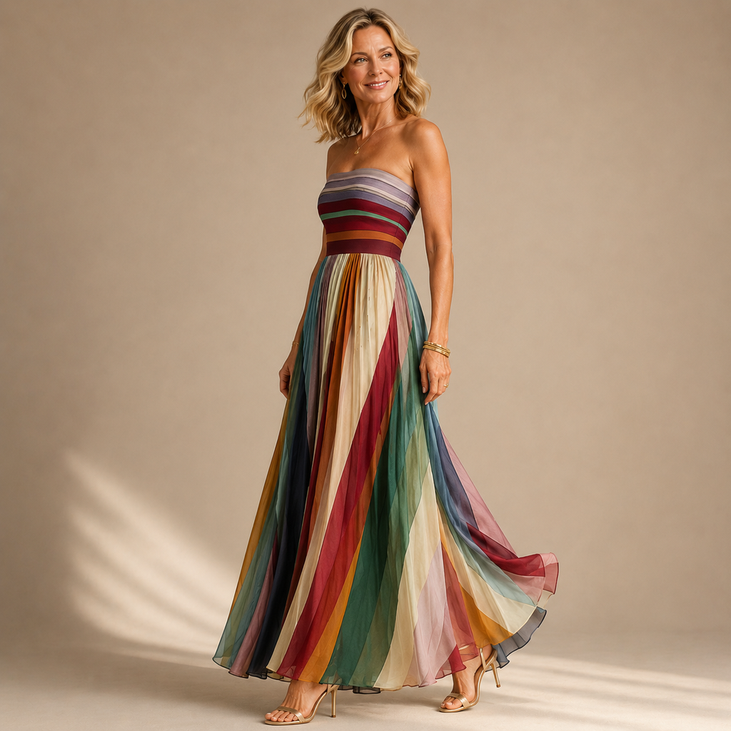 Judith | Women's Strapless Colorful Pleated Summer Maxi Dress Strapless